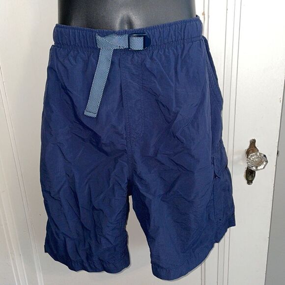 Columbia navy blue polyester swim trunks with front buckle & 2 side leg pockets - Picture 1 of 8
